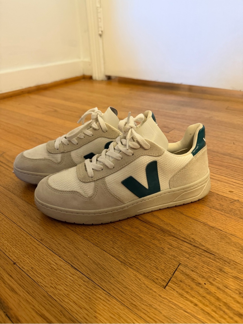 Women’s Veja V-10 White Cream Sneakers with Dark Green V Logo